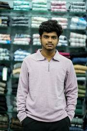 Full Sleeve Men's Casual Wear Textured Zipper Collar T- Shirt – Pink-7 Man
