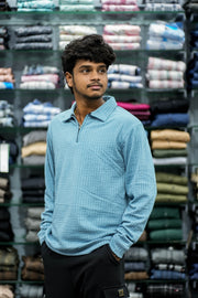 Full Sleeve Men's Casual Wear Textured Zipper Collar T- Shirt – Sky Blue-7 Man