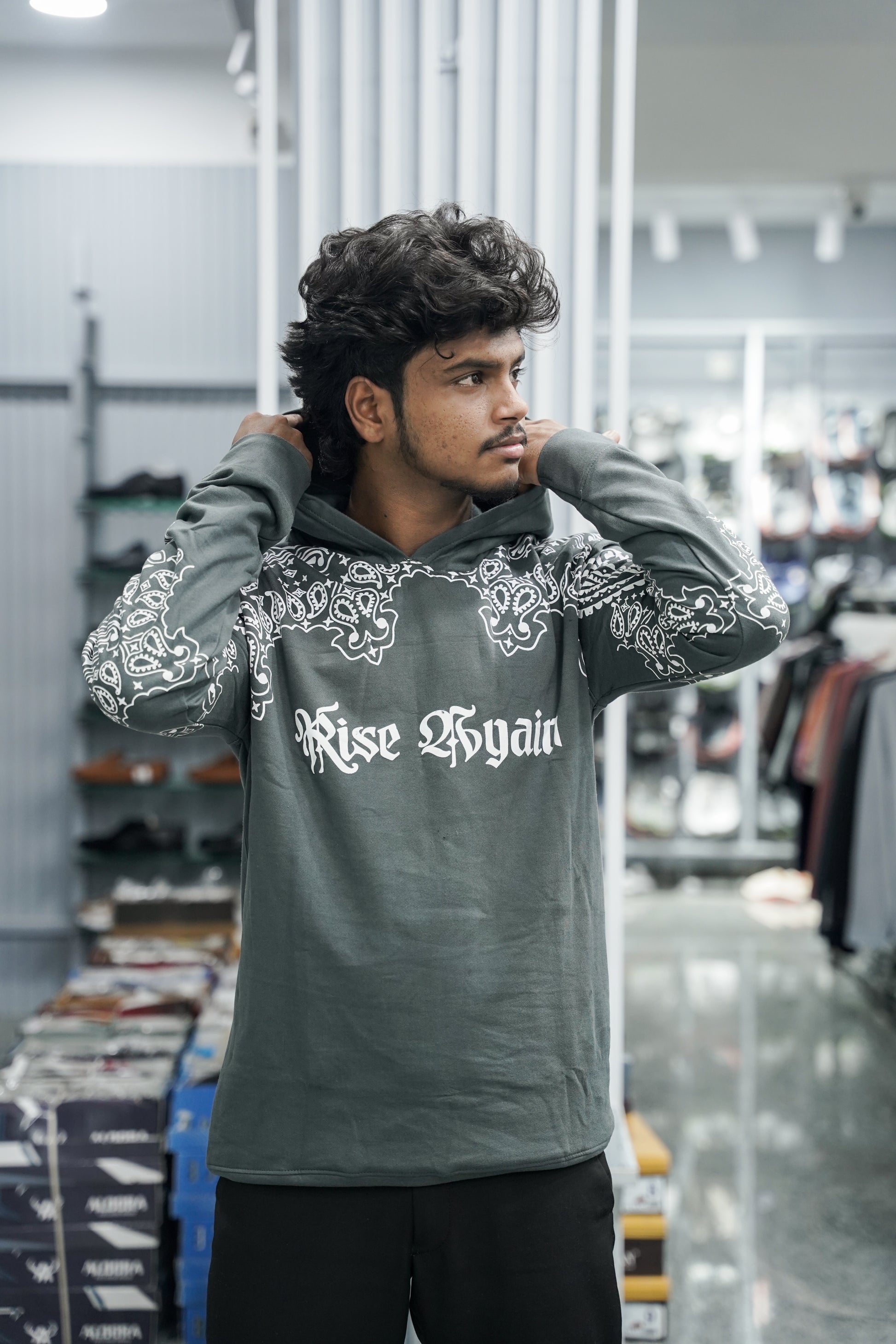 Full Sleeve Oversized Printed Hoodies & Sweatshirts - Raise Again - Grey-7 Man