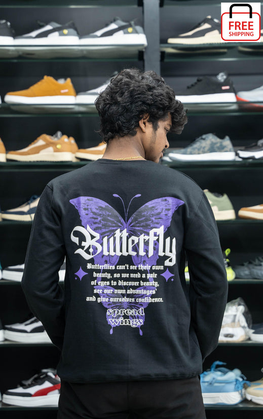 Full Sleeve Round Neck BUTTERFLY Printed Mens Tshirt - Black