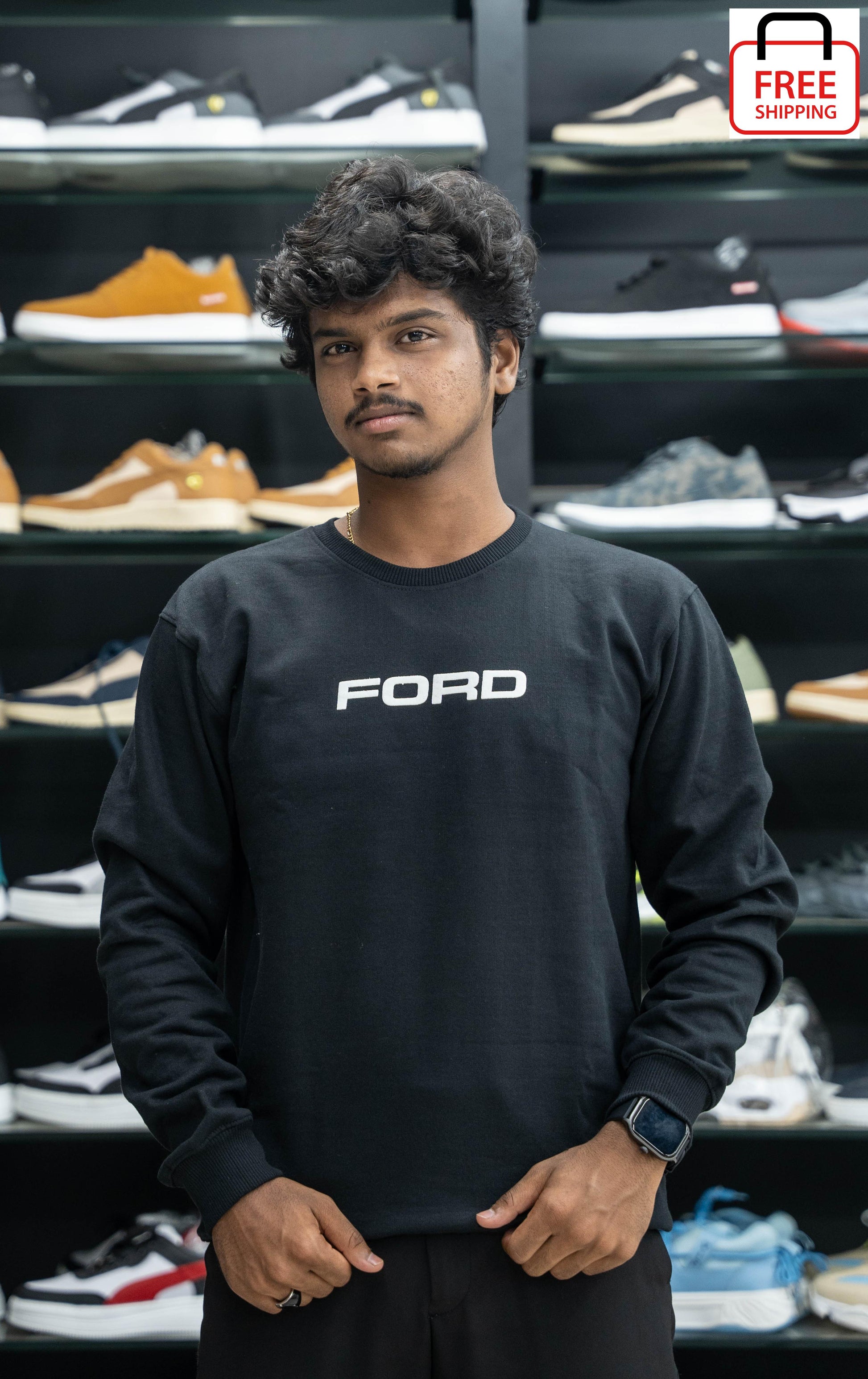 Full Sleeve Round Neck FORD Printed Mens Tshirt - Black