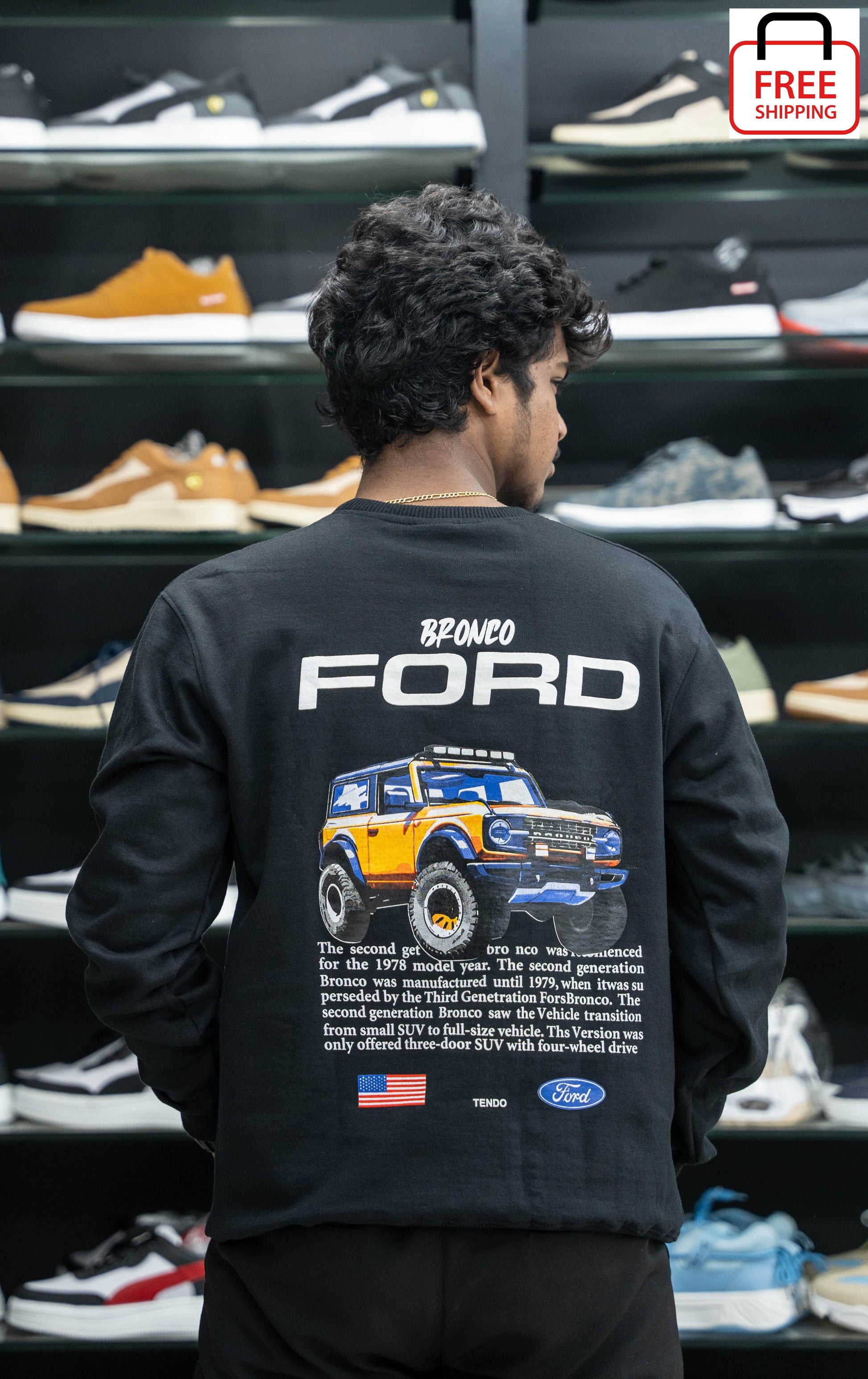 Full Sleeve Round Neck FORD Printed Mens Tshirt - Black