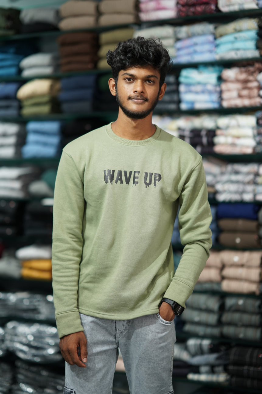 Full Sleeve WAVE UP Back Printed Round Neck Mens Tshirt - Pista Green-7 Man
