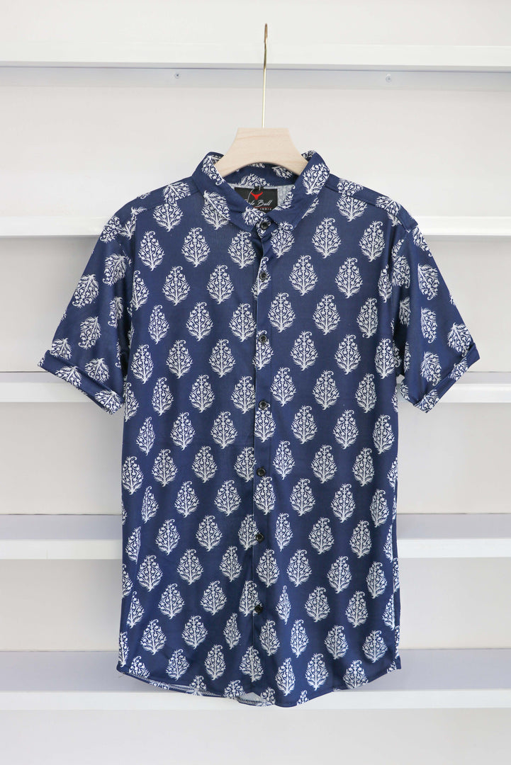 Men's Half Sleeve Printed Lycra Navy Blue Shirt