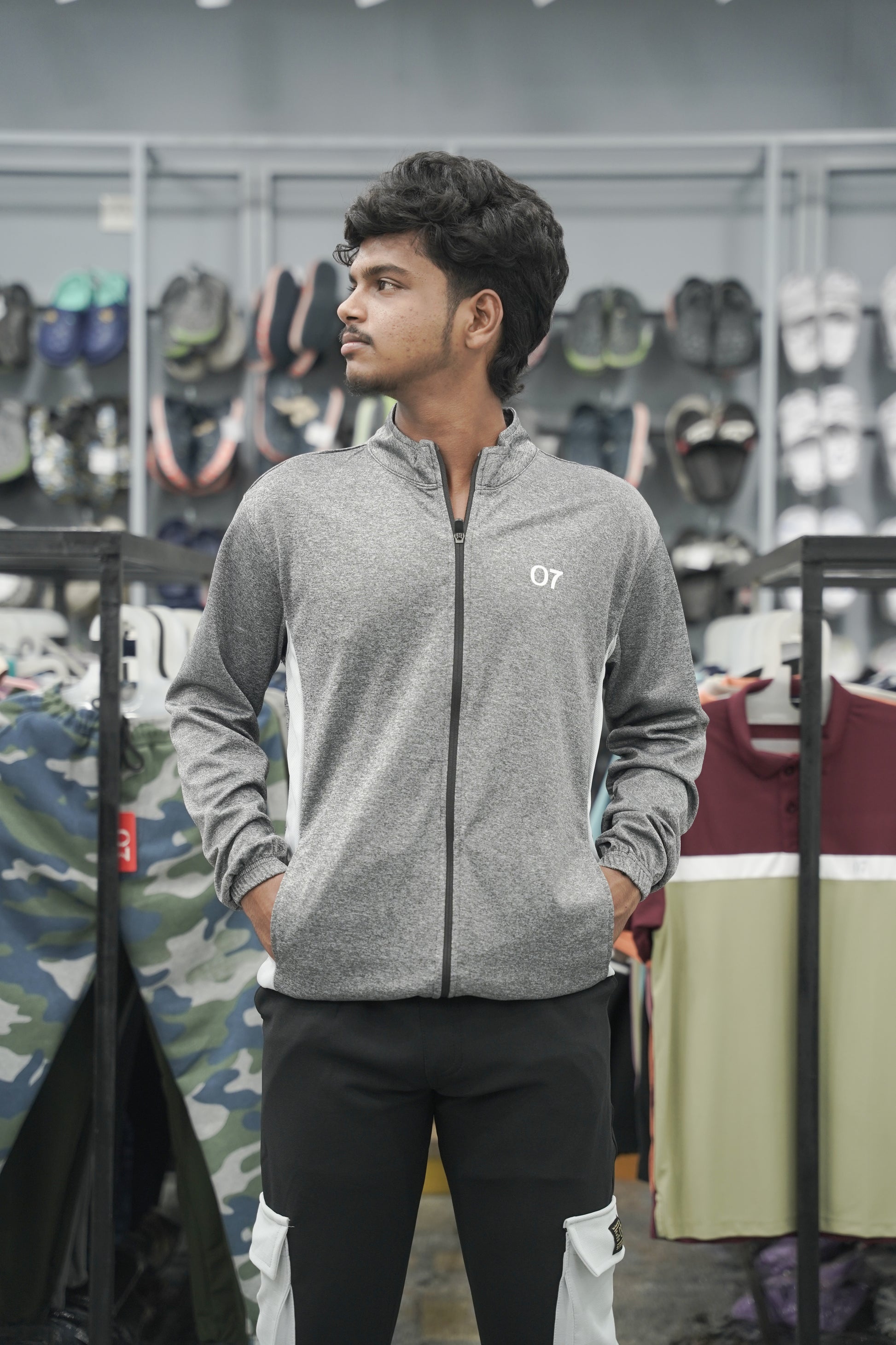 Full Sleeve High Neck Full Zipper Korean 07 Tshirt for Men - Ash-7 Man