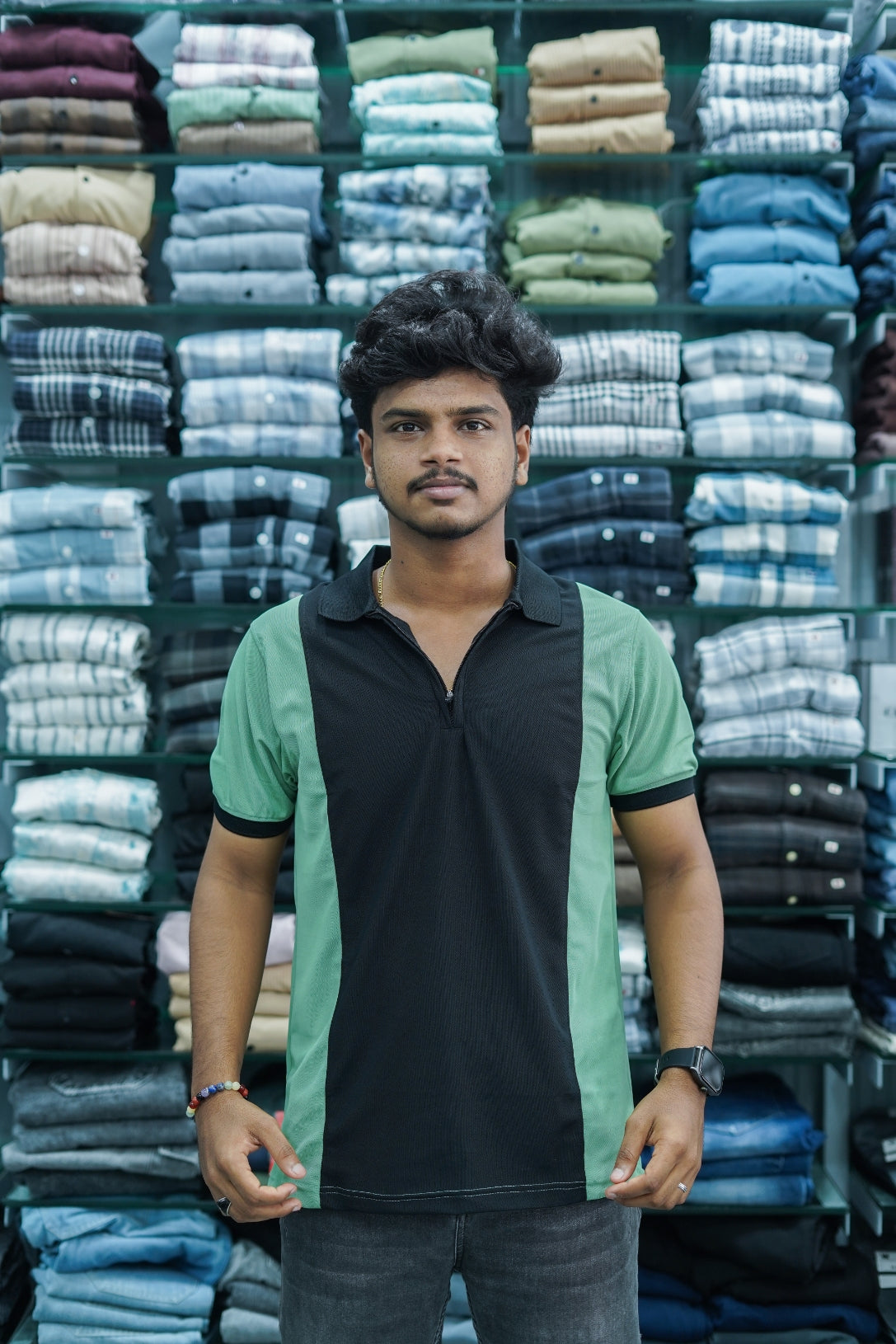 Korean Style Half Sleeve Zipper T-Shirt for Men | Trendy Black & Green-7 Man