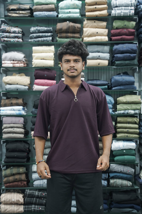 Korean Style Men's Five Sleeve T-Shirt with Zipper Collar - Grape Shade