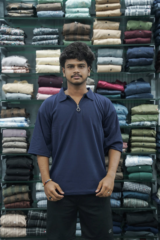 Korean Style Men's Five Sleeve T-Shirt with Zipper Collar - Navy Blue