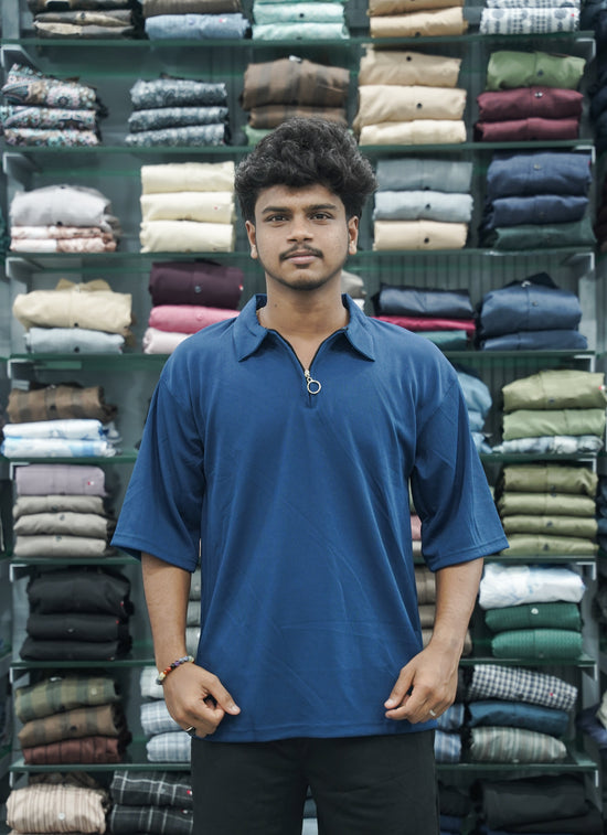 Korean Style Men's Five Sleeve T-Shirt with Zipper Collar -Petrol Blue