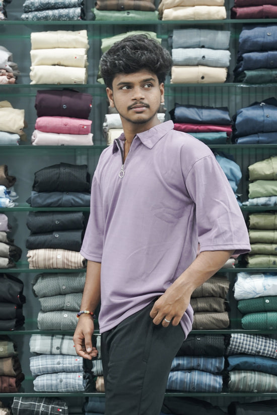 Korean Style Men's Five Sleeve T-Shirt with Zipper Collar -Purple