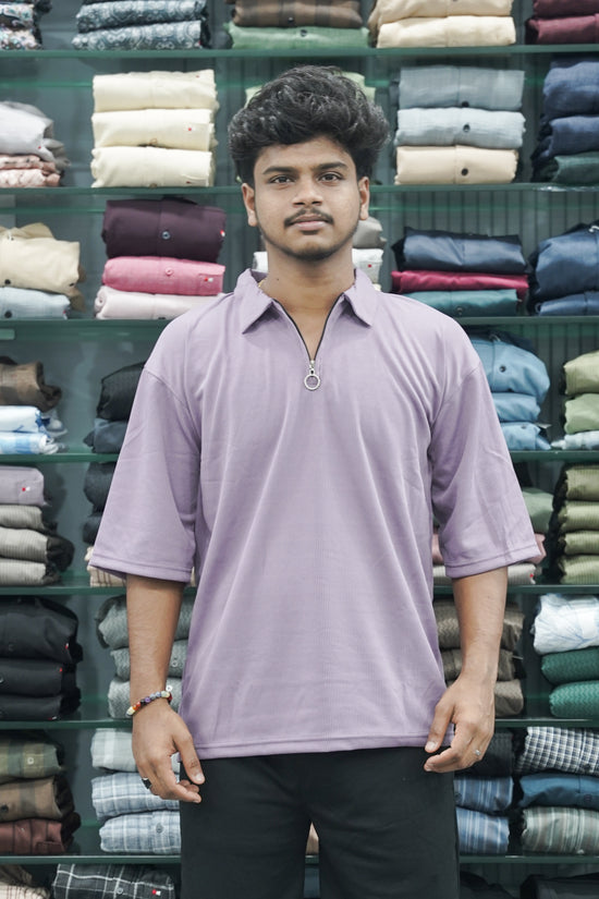 Korean Style Men's Five Sleeve T-Shirt with Zipper Collar -Purple