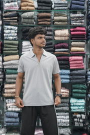 Korean Style Men's Short Sleeve T-Shirt with Zipper Collar - Ash-7 Man