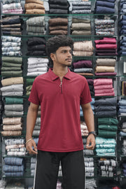 Korean Style Men's Short Sleeve T-Shirt with Zipper Collar - Maroon-7 Man