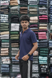 Korean Style Men's Short Sleeve T-Shirt with Zipper Collar - Navy Blue-7 Man