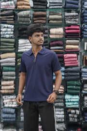 Korean Style Men's Short Sleeve T-Shirt with Zipper Collar - Navy Blue-7 Man