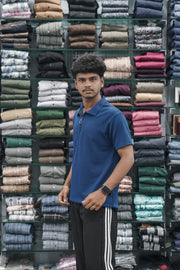 Korean Style Men's Short Sleeve T-Shirt with Zipper Collar -Petrol Blue-7 Man