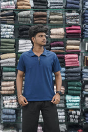 Korean Style Men's Short Sleeve T-Shirt with Zipper Collar -Petrol Blue-7 Man
