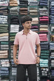 Korean Style Men's Short Sleeve T-Shirt with Zipper Collar - Pink-7 Man
