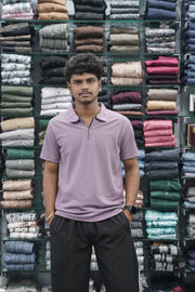 Korean Style Men's Short Sleeve T-Shirt with Zipper Collar - Purple-7 Man