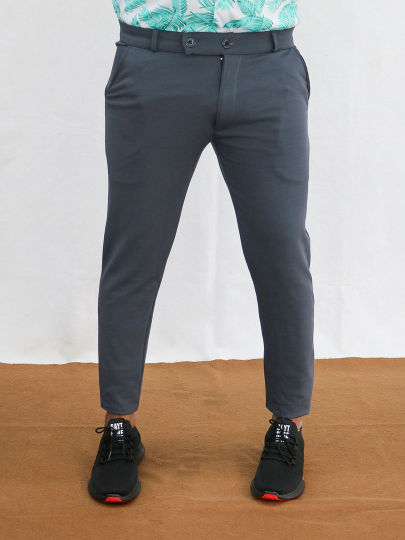 Men's Full Length Grey Plain Regular Fit Lycra Pant