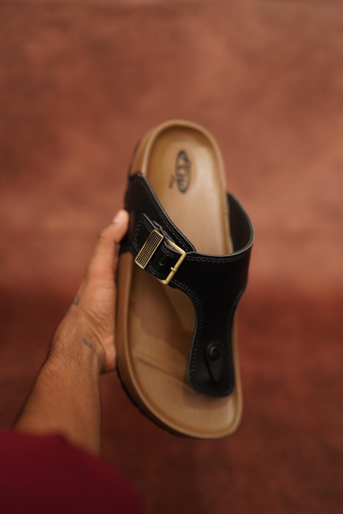 Men’s Brown & Black Leather Buckle Sandals with Brown Sole – Stylish & Comfortable-7 Man