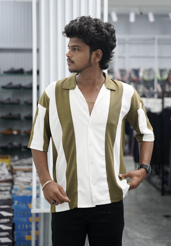 Mens Daily Wear Big Stripes Five Sleeve Lycra Shirt - Brown