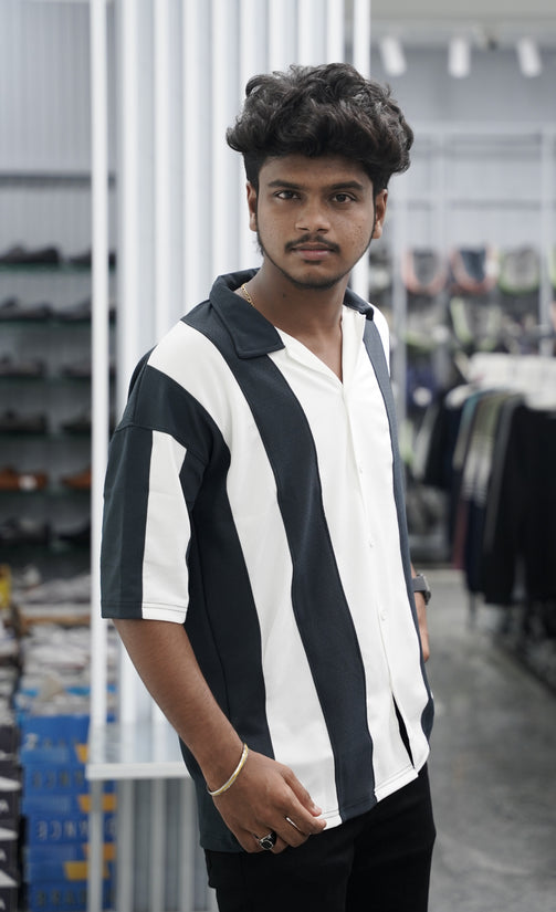 Mens Daily Wear Big Stripes Five Sleeve Lycra Shirt - Dark Grey