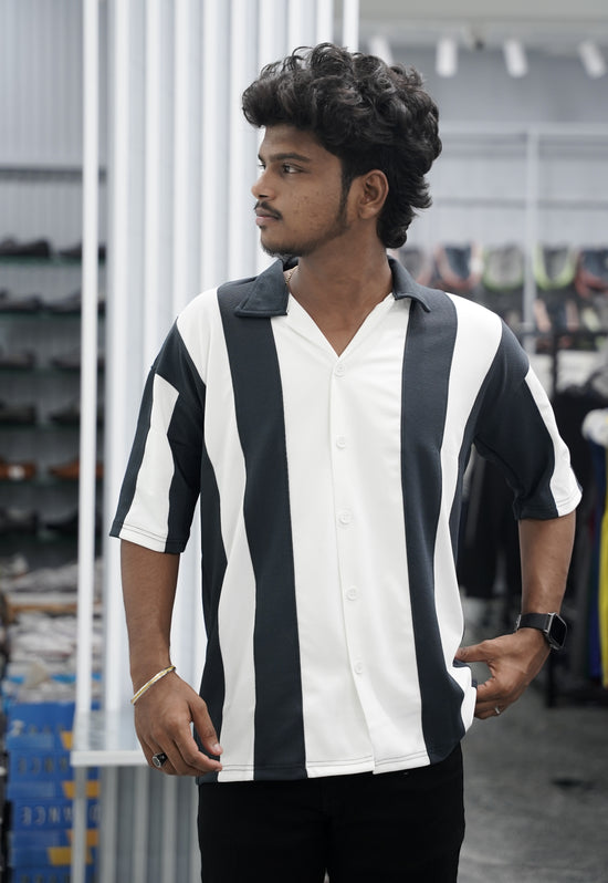 Mens Daily Wear Big Stripes Five Sleeve Lycra Shirt - Dark Grey