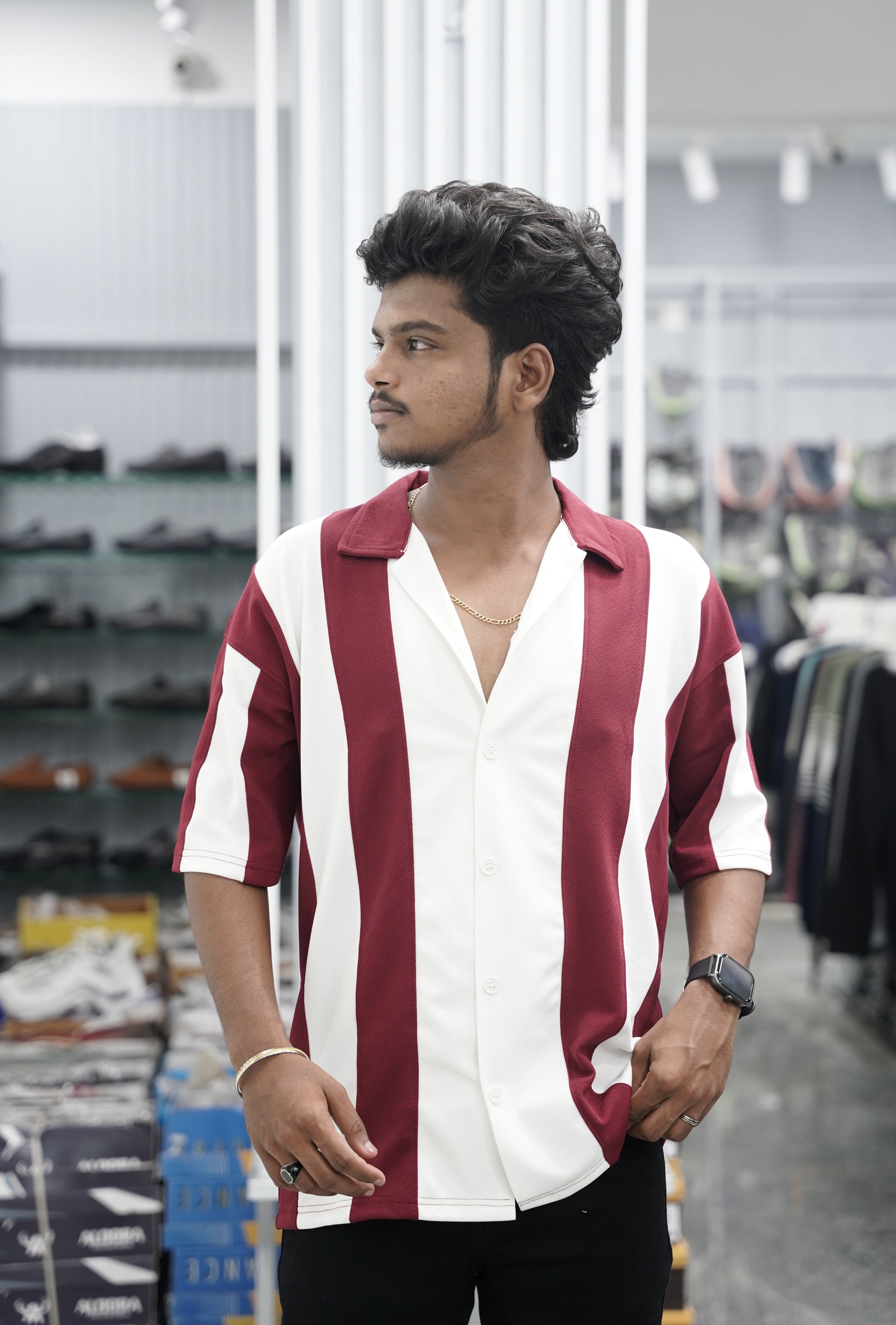 Mens Daily Wear Big Stripes Five Sleeve Lycra Shirt - Maroon