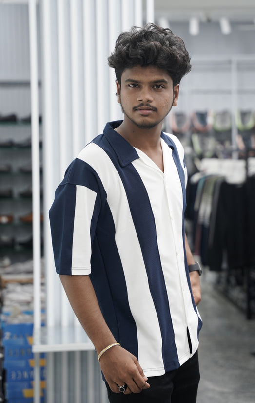 Mens Daily Wear Big Stripes Five Sleeve Lycra Shirt - Navy Blue