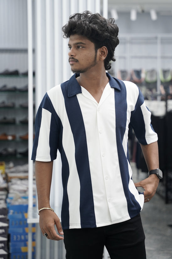 Mens Daily Wear Big Stripes Five Sleeve Lycra Shirt - Navy Blue
