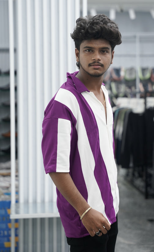 Mens Daily Wear Big Stripes Five Sleeve Lycra Shirt - Voilet