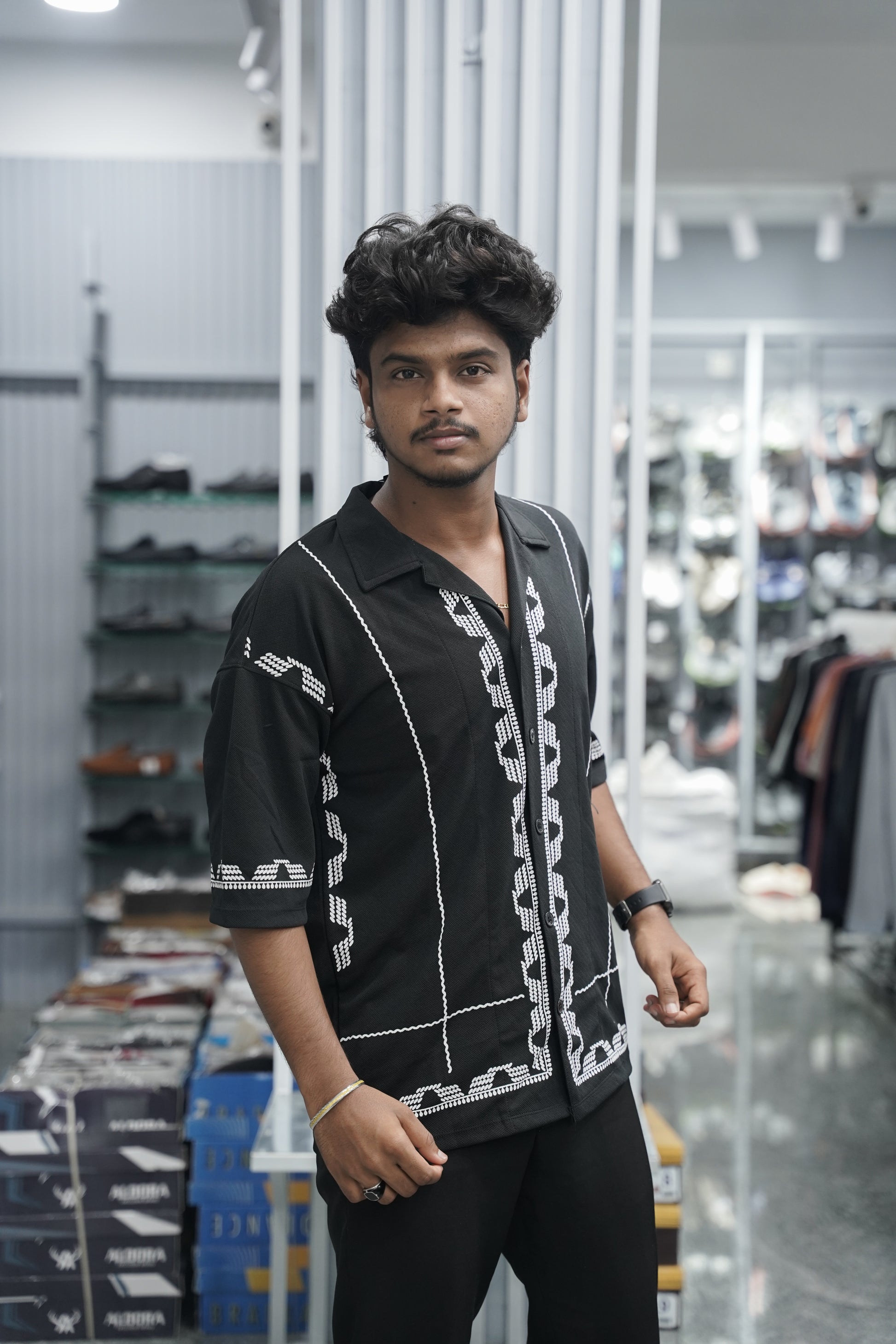 Mens Daily Wear BOX Printed Five Sleeve Lycra Shirt - Black-7 Man