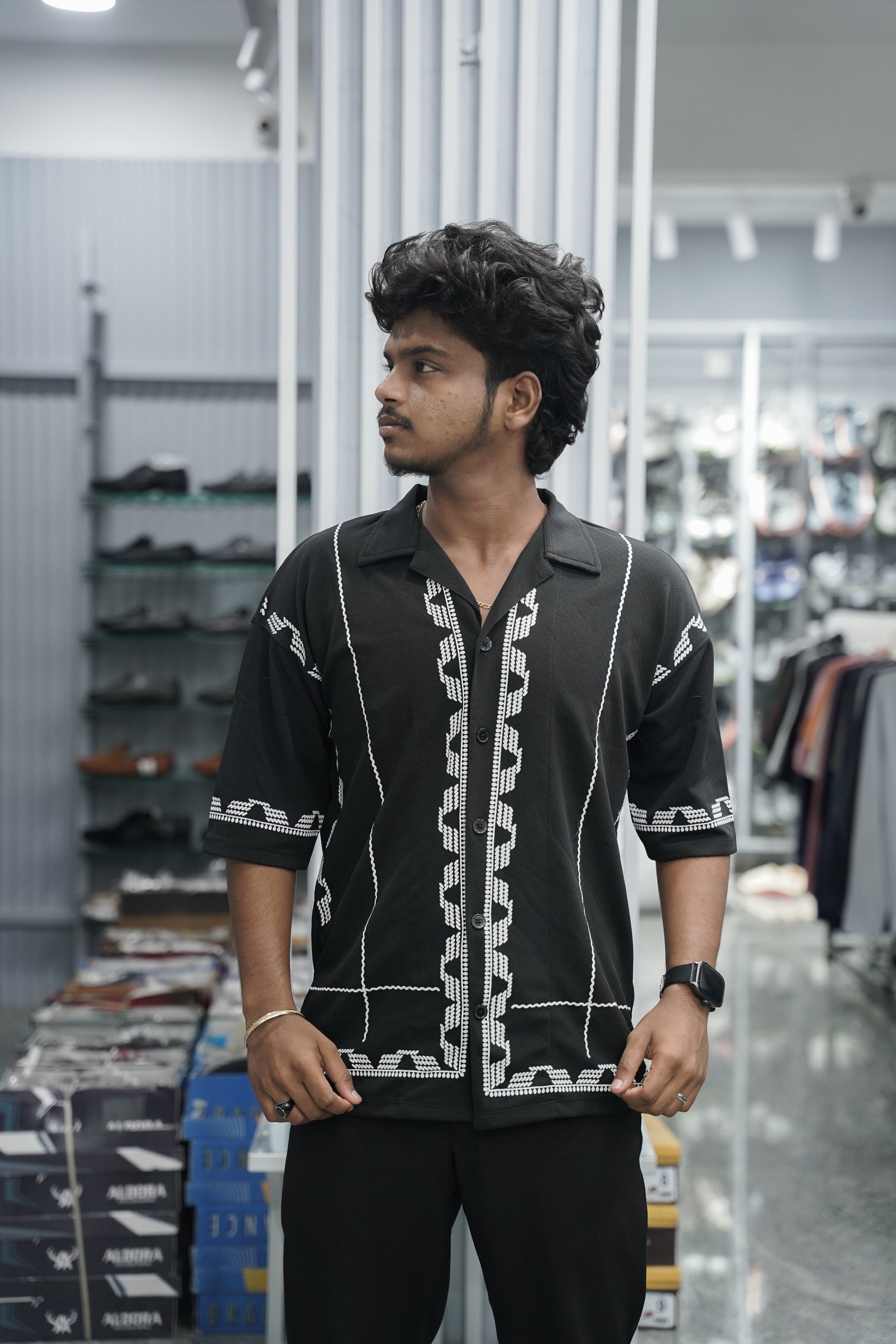 Mens Daily Wear BOX Printed Five Sleeve Lycra Shirt - Black-7 Man