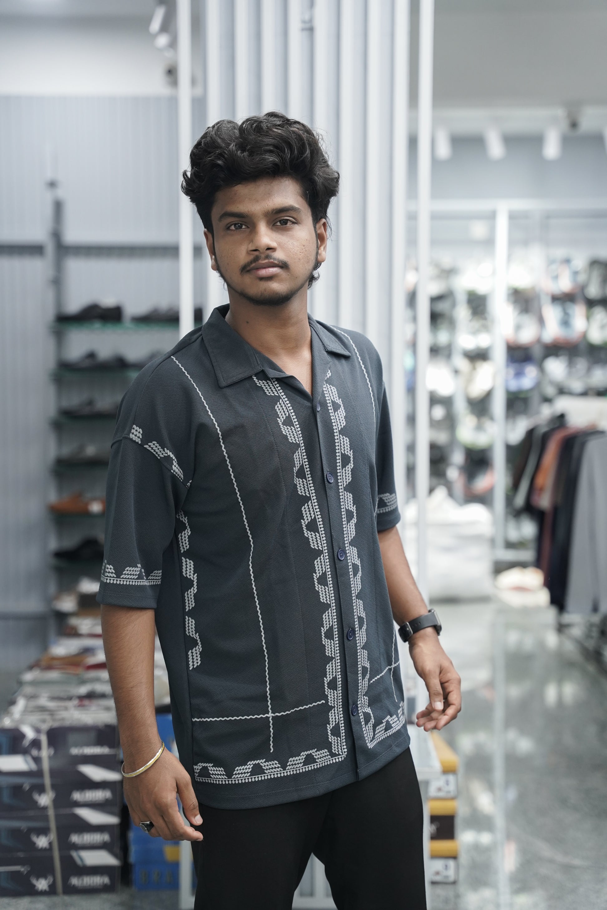 Mens Daily Wear BOX Printed Five Sleeve Lycra Shirt - Grey-7 Man