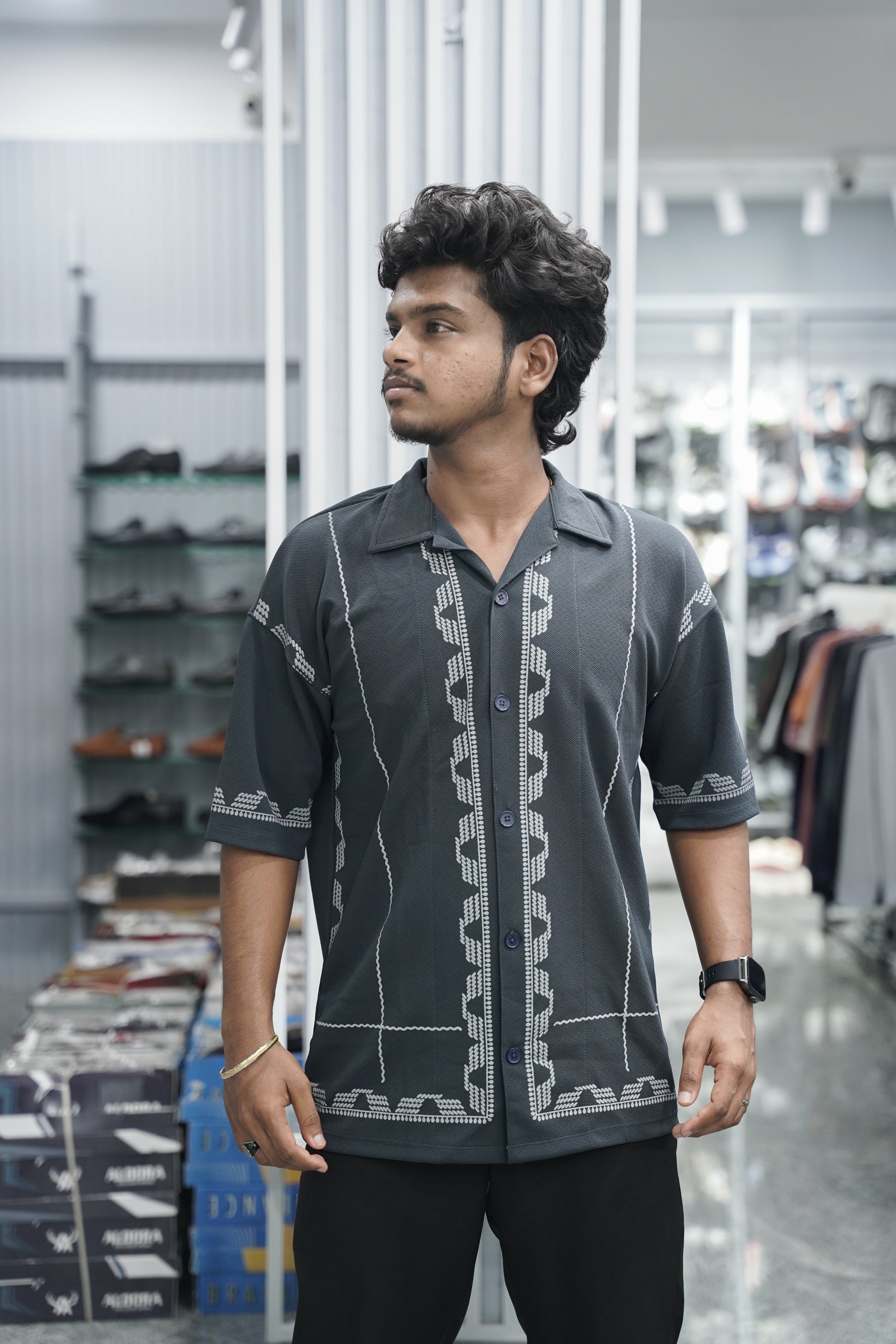 Mens Daily Wear BOX Printed Five Sleeve Lycra Shirt - Grey-7 Man