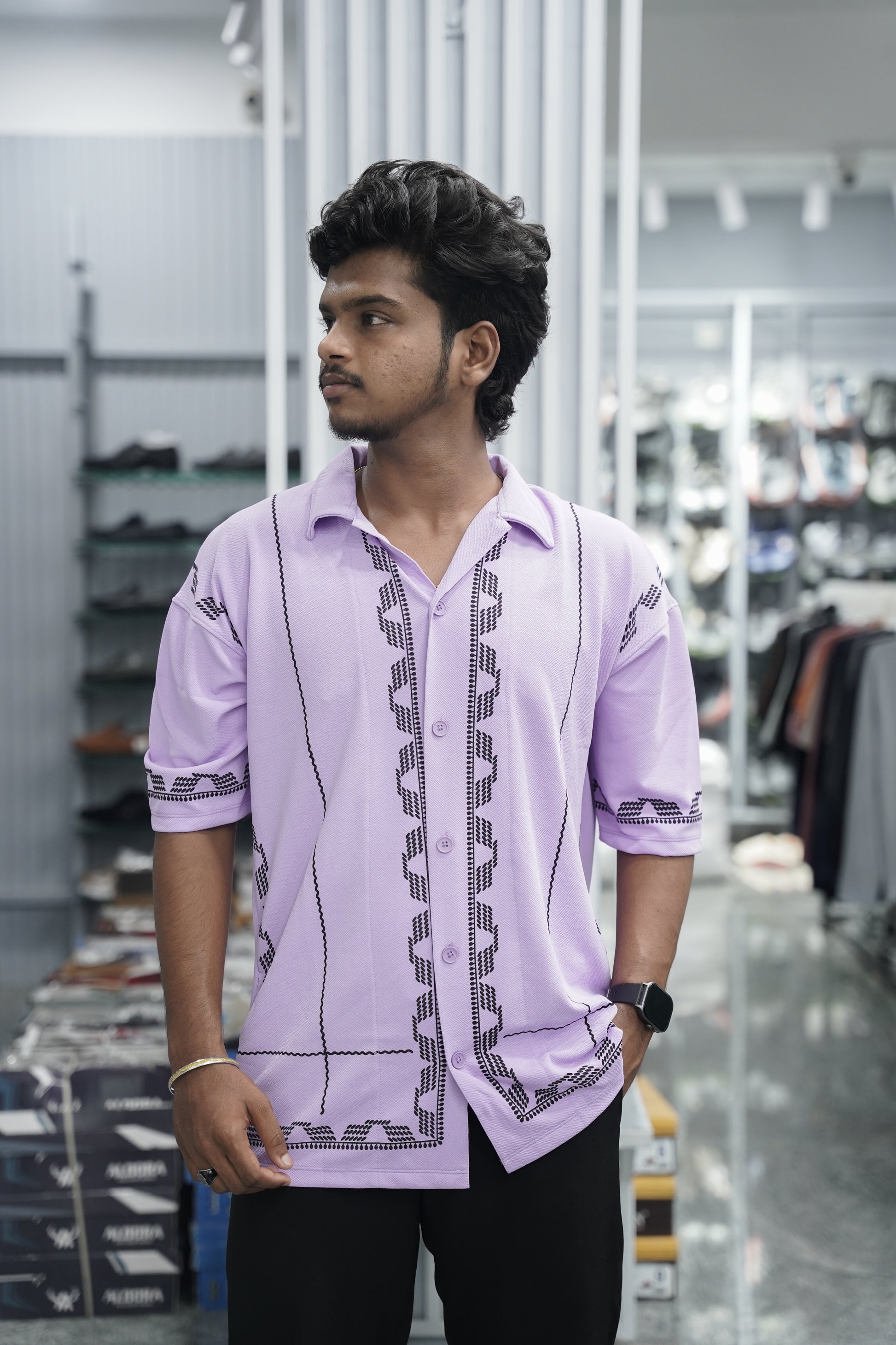 Mens Daily Wear BOX Printed Five Sleeve Lycra Shirt - Pink-7 Man