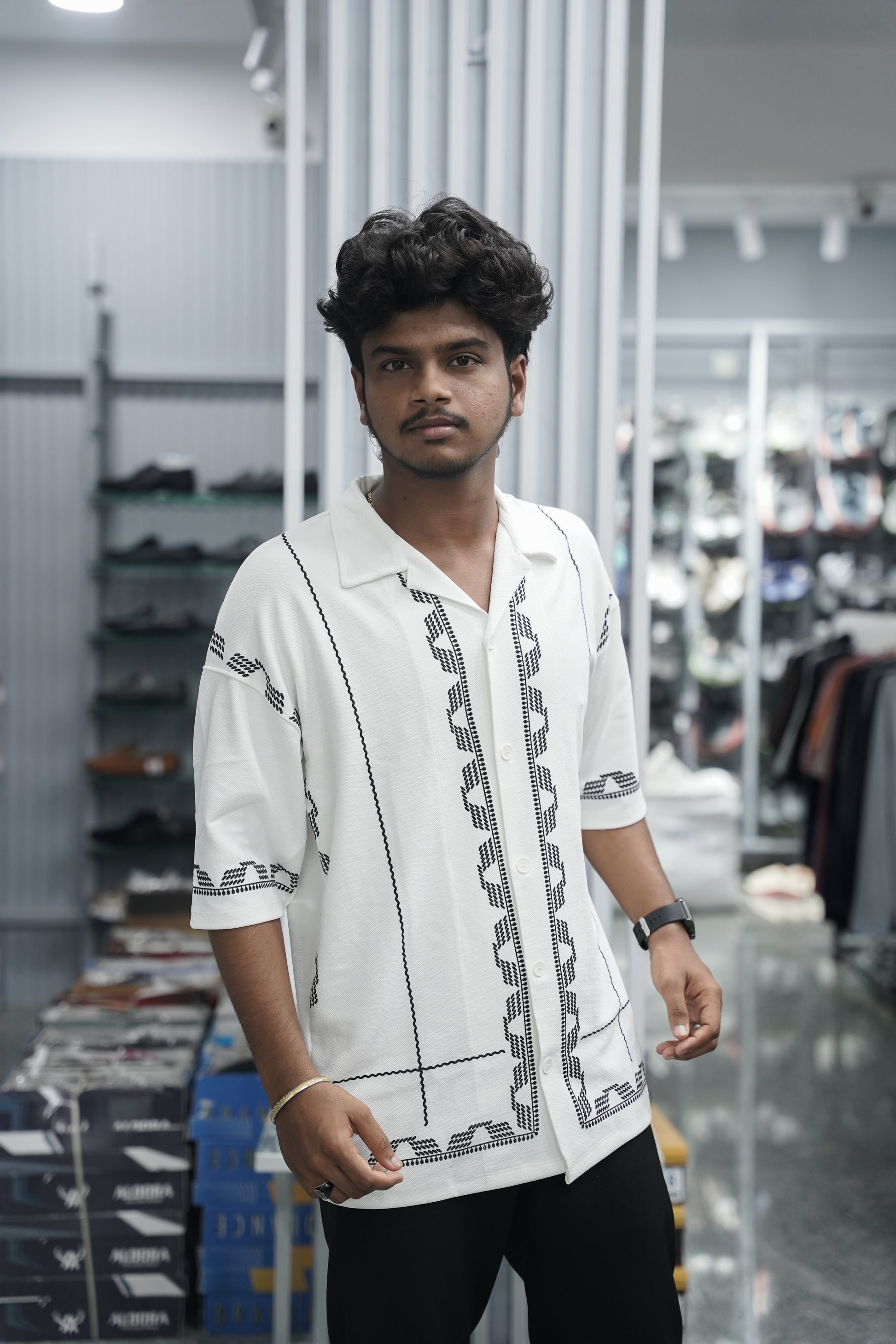 Mens Daily Wear BOX Printed Five Sleeve Lycra Shirt - White-7 Man