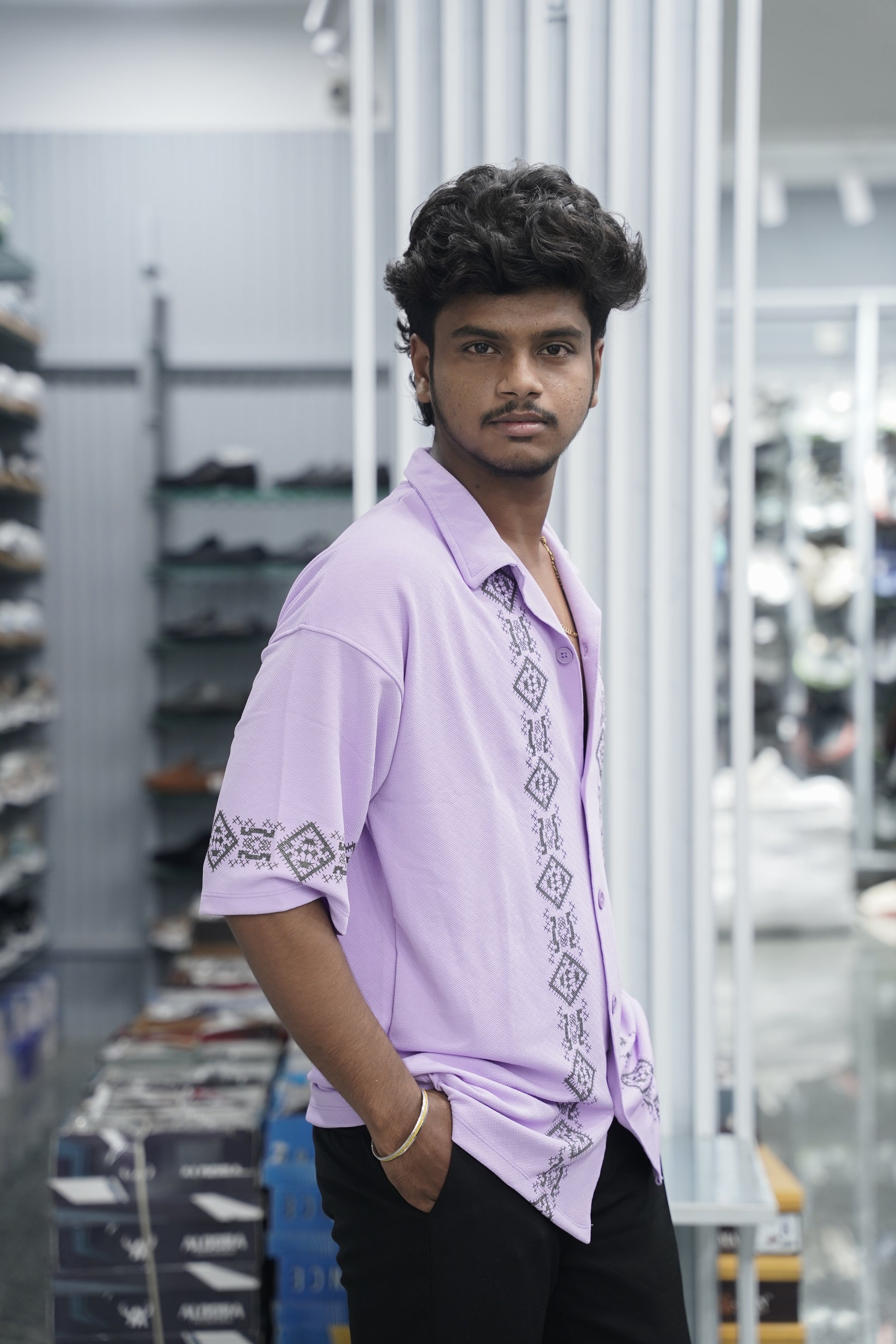 Mens Daily Wear Diamond Printed Five Sleeve Lycra Shirt - Pink-7 Man