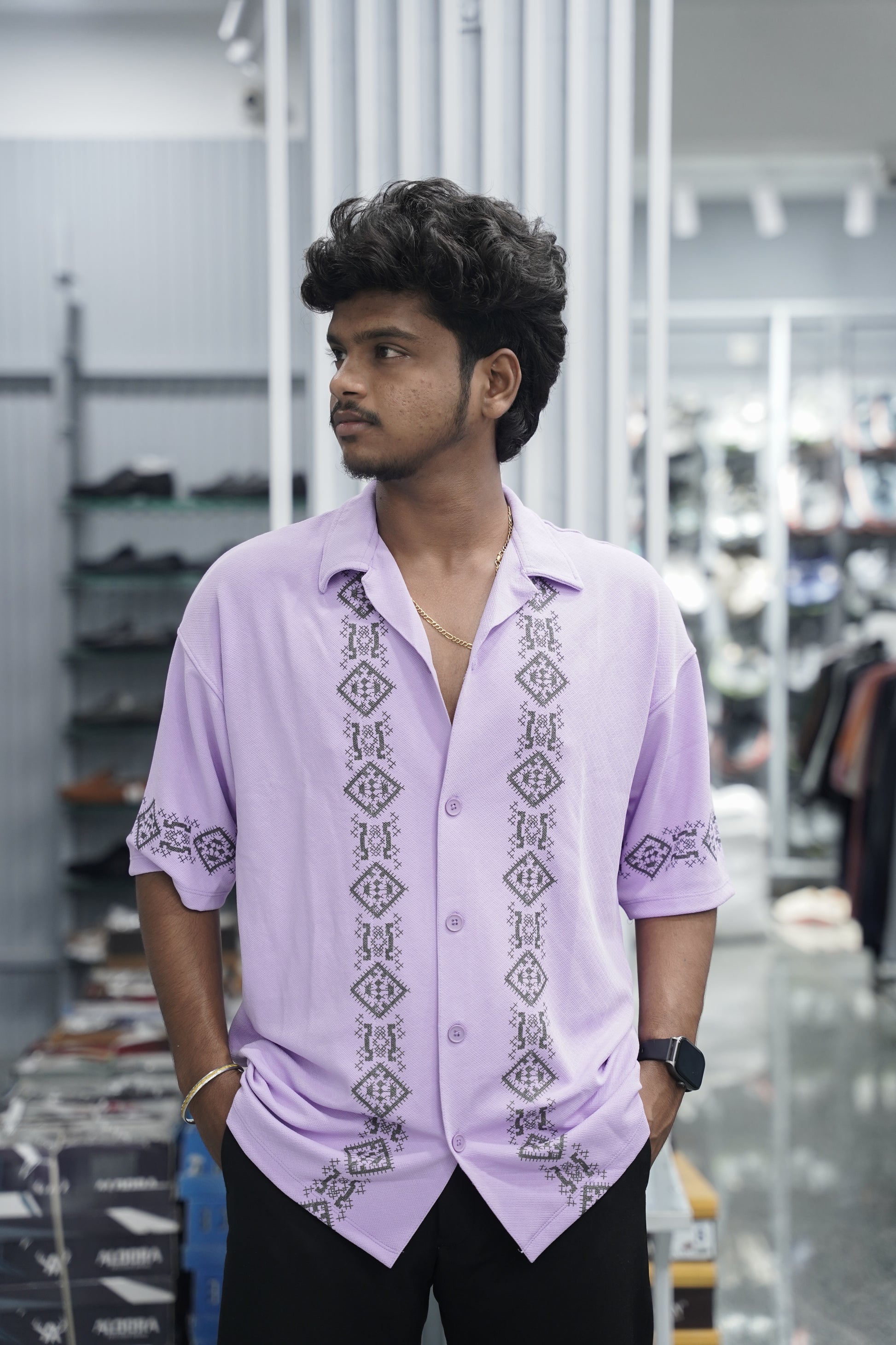 Mens Daily Wear Diamond Printed Five Sleeve Lycra Shirt - Pink-7 Man