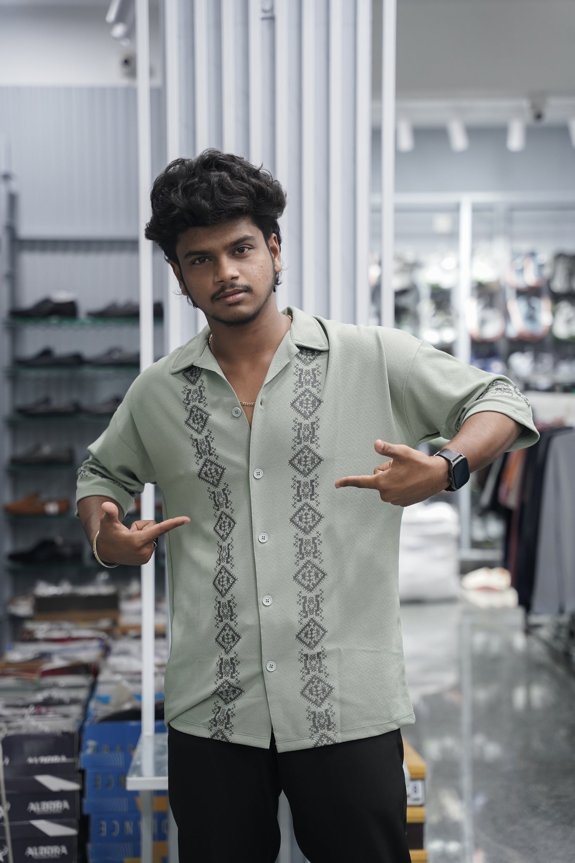 Mens Daily Wear Diamond Printed Five Sleeve Lycra Shirt - Mehandhi Green-7 Man