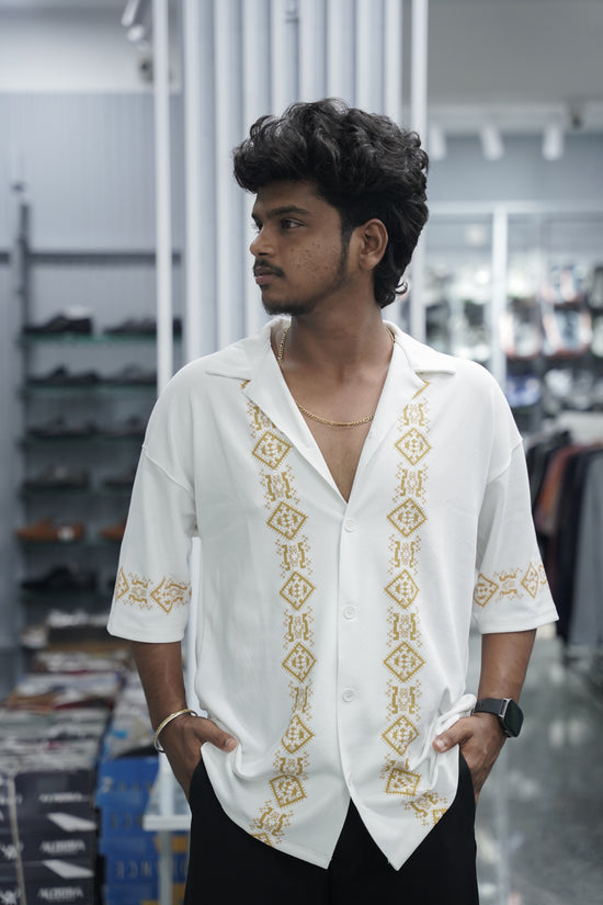 Mens Daily Wear Diamond Printed Five Sleeve Lycra Shirt - White-7 Man