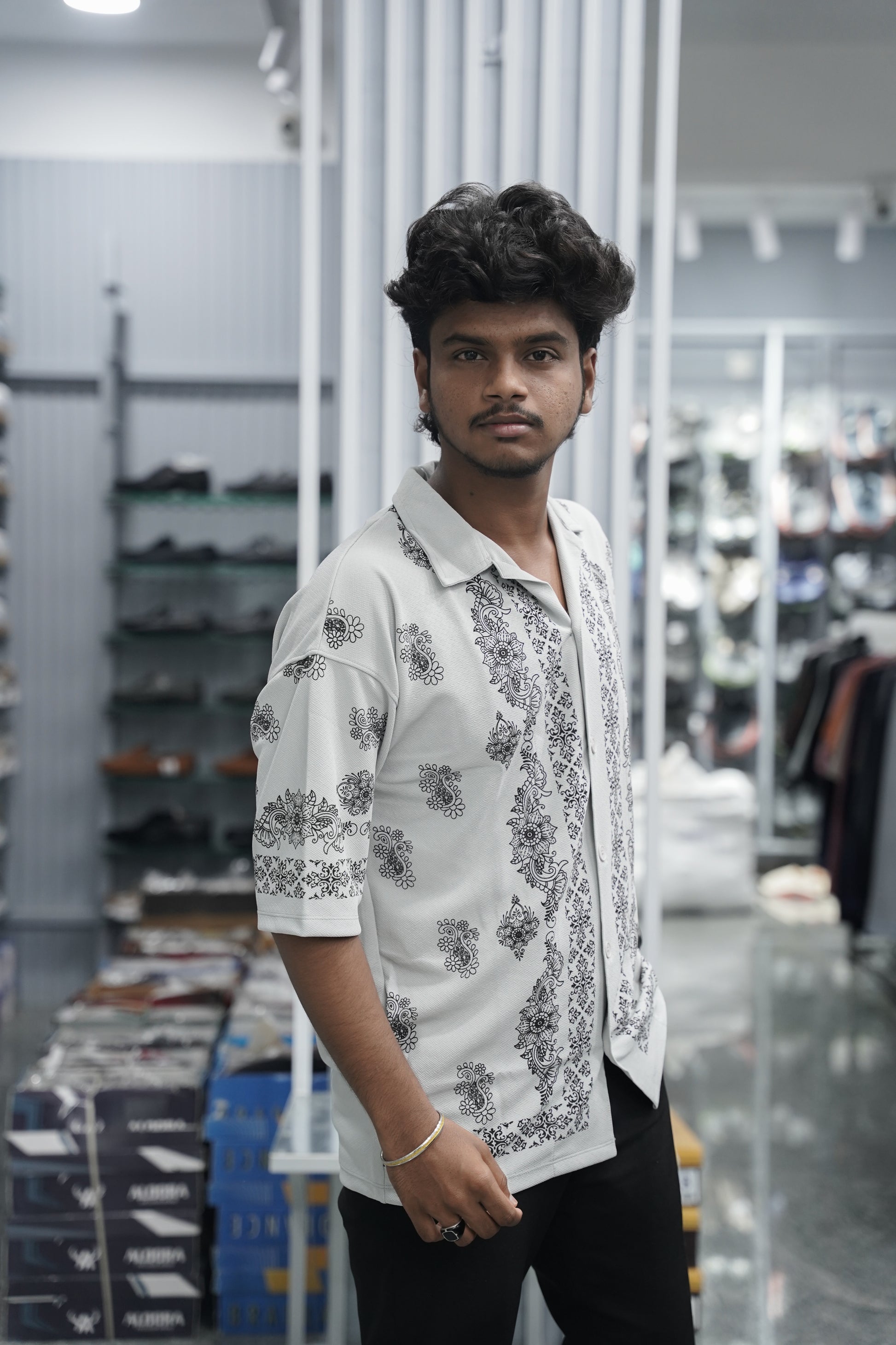 Mens Daily Wear FLOWER DESIGN Printed Five Sleeve Lycra Shirt - Ash-7 Man