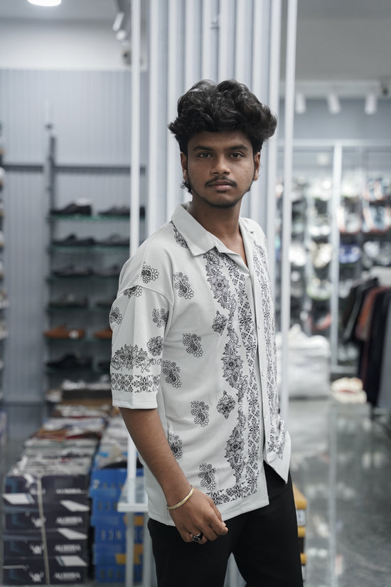 Mens Daily Wear FLOWER DESIGN Printed Five Sleeve Lycra Shirt - Ash-7 Man