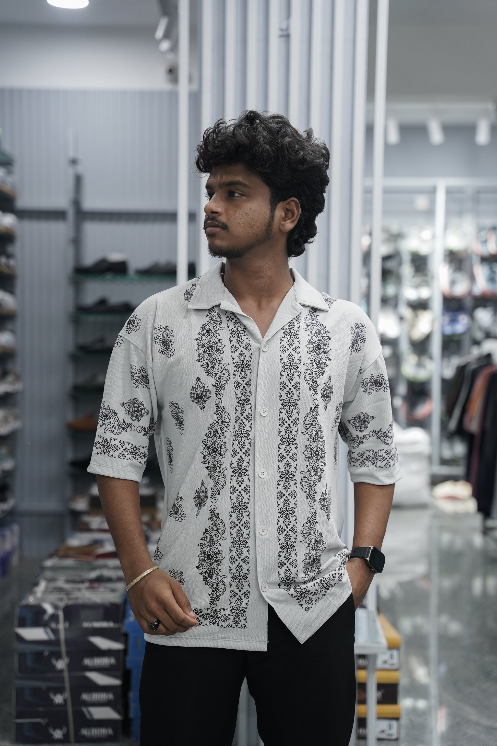 Mens Daily Wear FLOWER DESIGN Printed Five Sleeve Lycra Shirt - Ash-7 Man