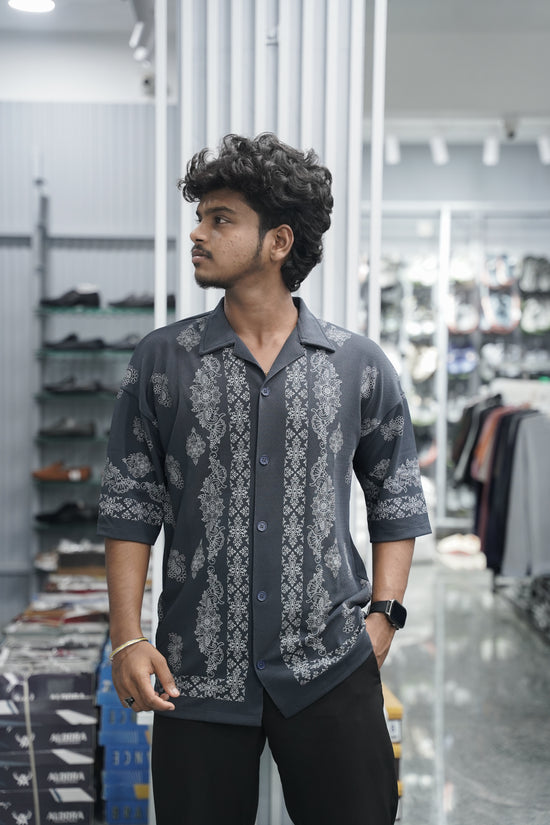 Mens Daily Wear FLOWER DESIGN Printed Five Sleeve Lycra Shirt - Grey-7 Man