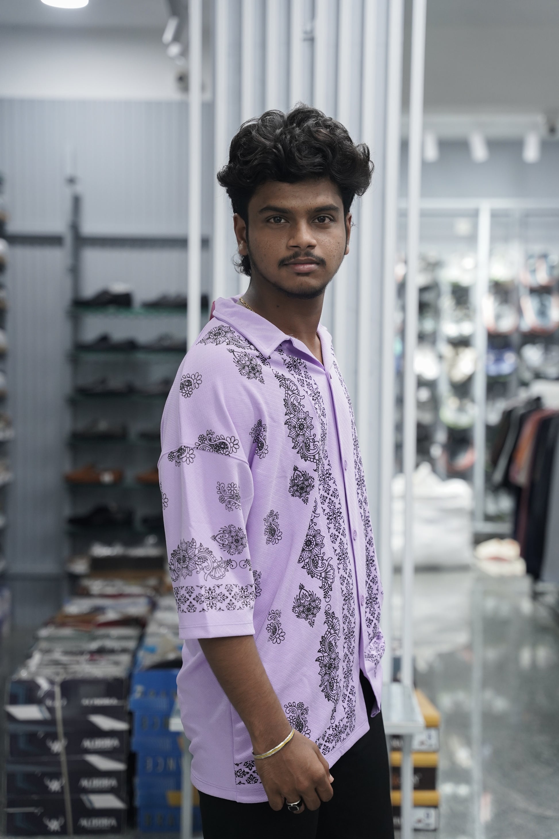 Mens Daily Wear FLOWER DESIGN Printed Five Sleeve Lycra Shirt - Pink-7 Man