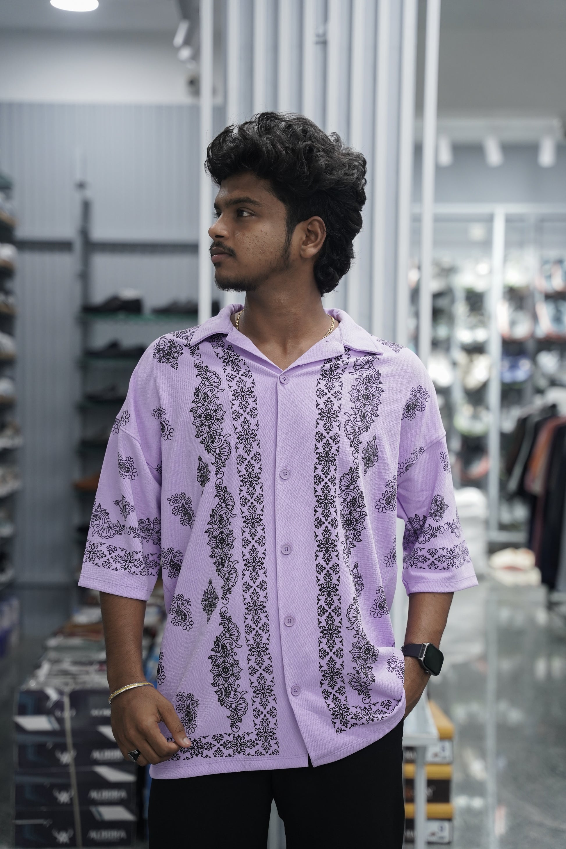 Mens Daily Wear FLOWER DESIGN Printed Five Sleeve Lycra Shirt - Pink-7 Man