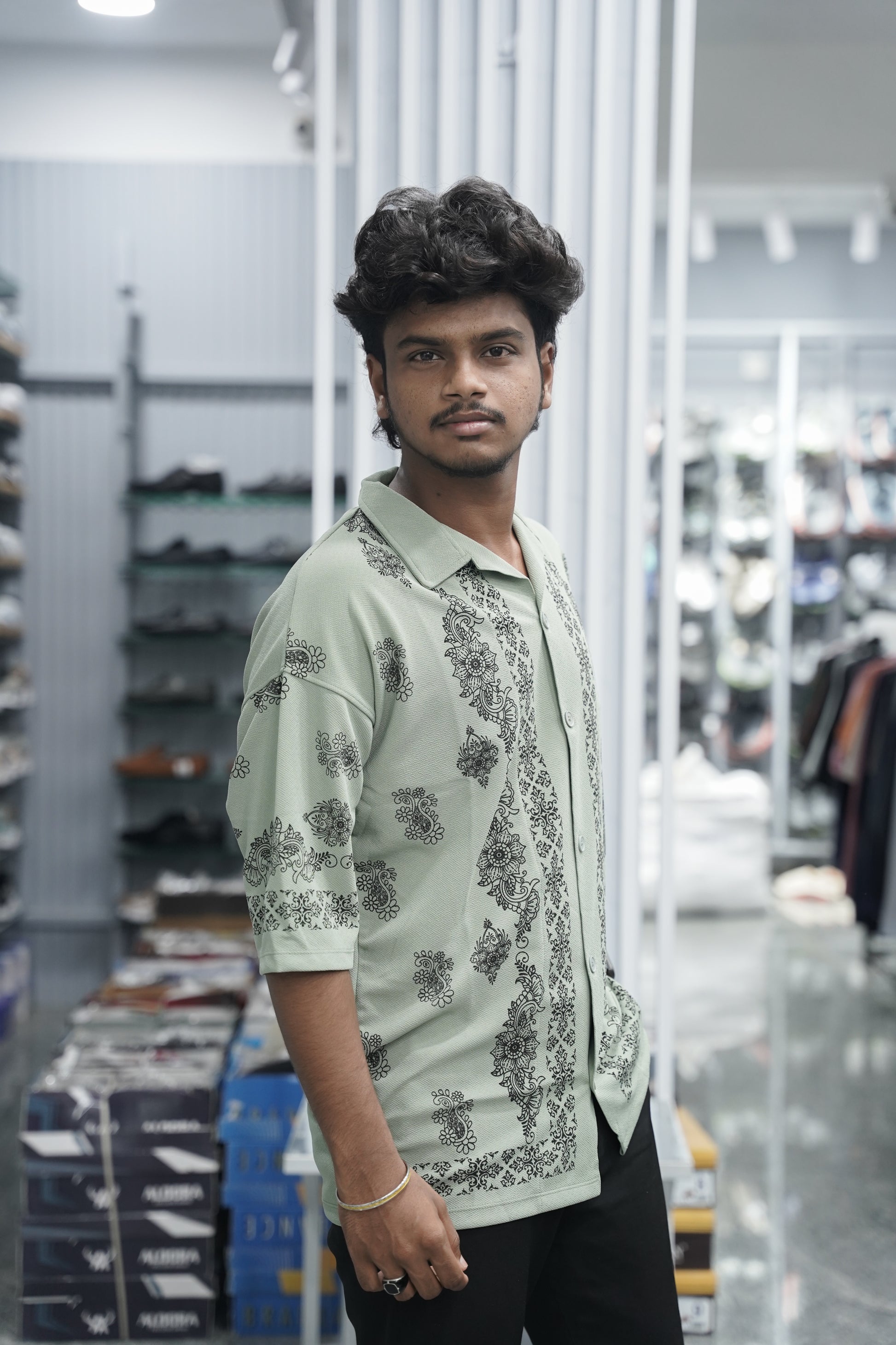 Mens Daily Wear FLOWER DESIGN Printed Five Sleeve Lycra Shirt - Mehandhi Green-7 Man