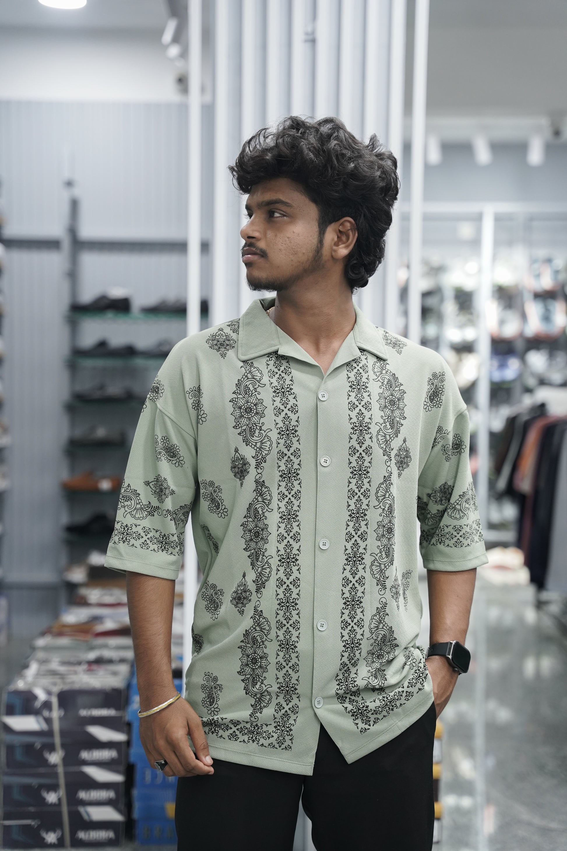 Mens Daily Wear FLOWER DESIGN Printed Five Sleeve Lycra Shirt - Mehandhi Green-7 Man